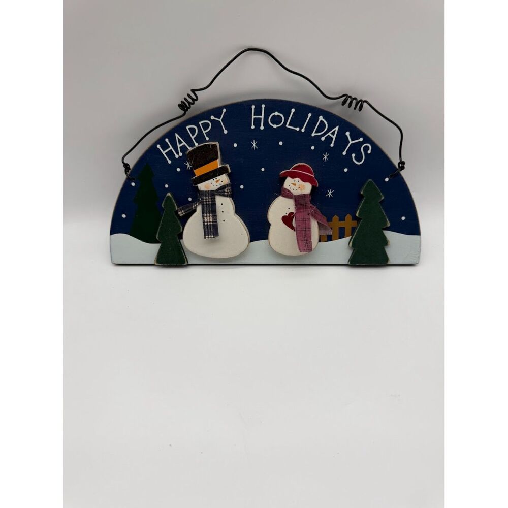 Snowman Wall Sculpture 8x12" Happy Holidays Man Woman Fence Trees Wood Wire